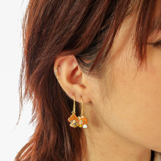 Mushroom Butterfly Earrings - Gold Psychedelic 70s Jewelry