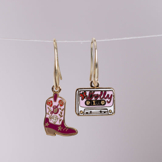 Boot & Country Cassette Earrings - Gold Statement Jewelry