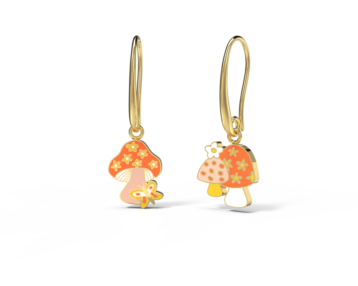 Mushroom Butterfly Earrings - Gold Psychedelic 70s Jewelry
