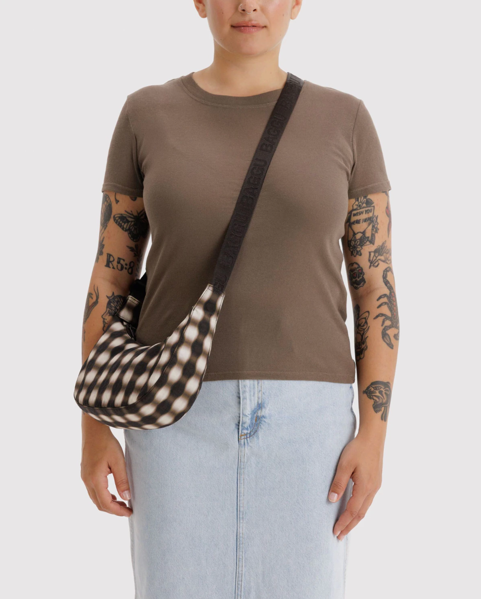 Small Nylon Crescent Bag - Blurred Gingham Brown