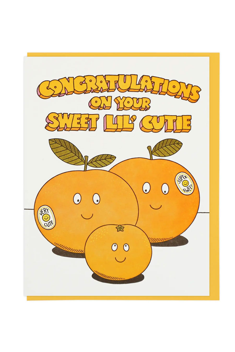Greeting card of two cutie oranges with a small orange in between them. Orange envelope. White background.