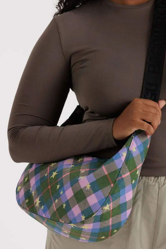 Medium Nylon Crescent Bag - Green Star Plaid