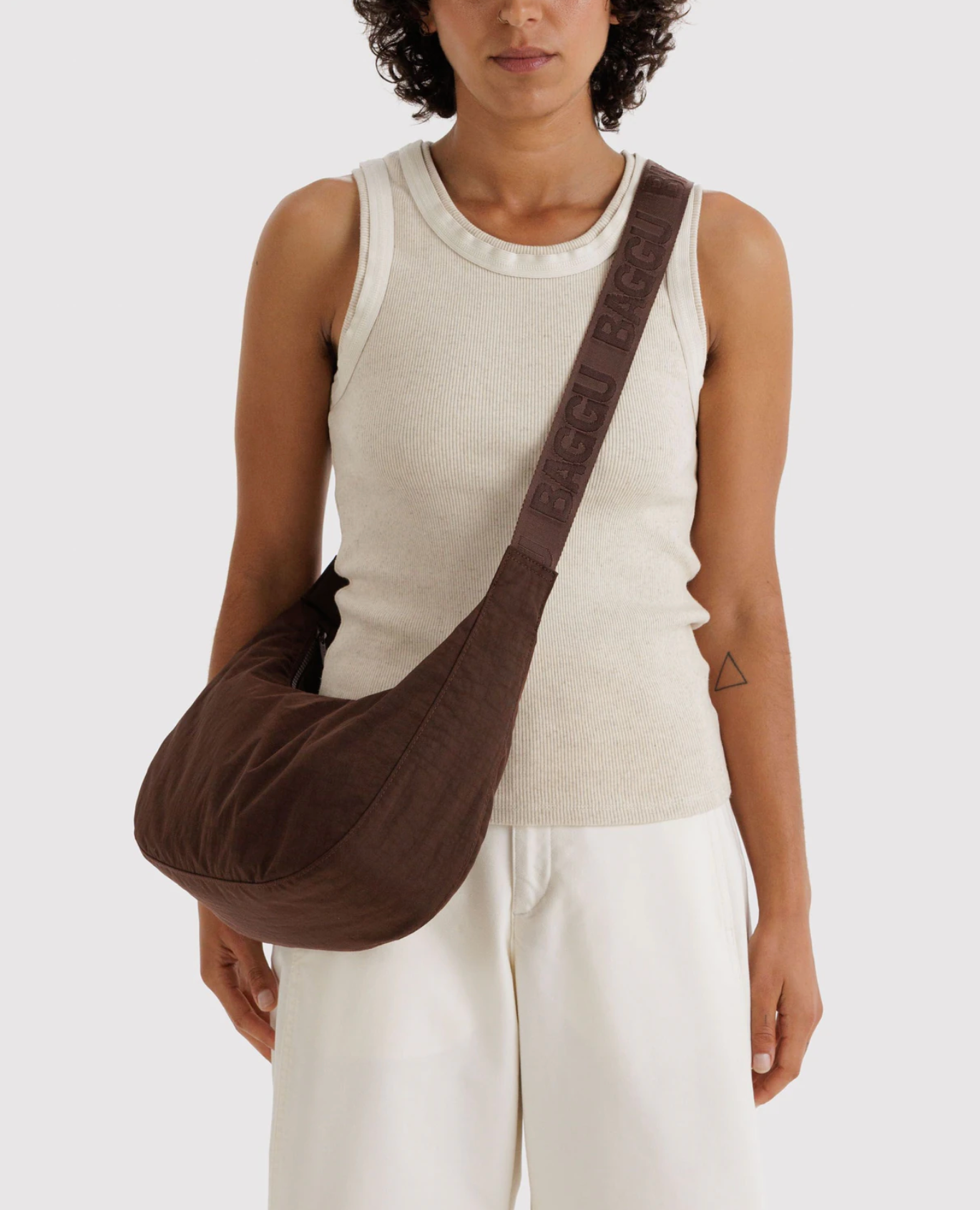Medium Nylon Crescent Bag - Coffee