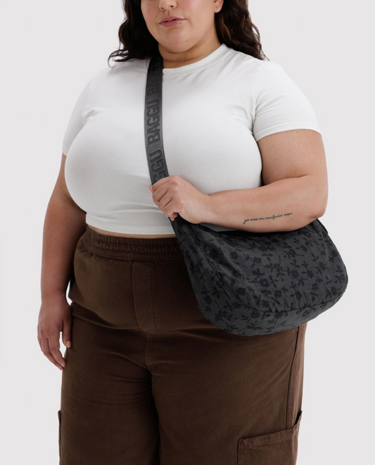 Medium Nylon Crescent Bag - Charcoal Ditsy Floral