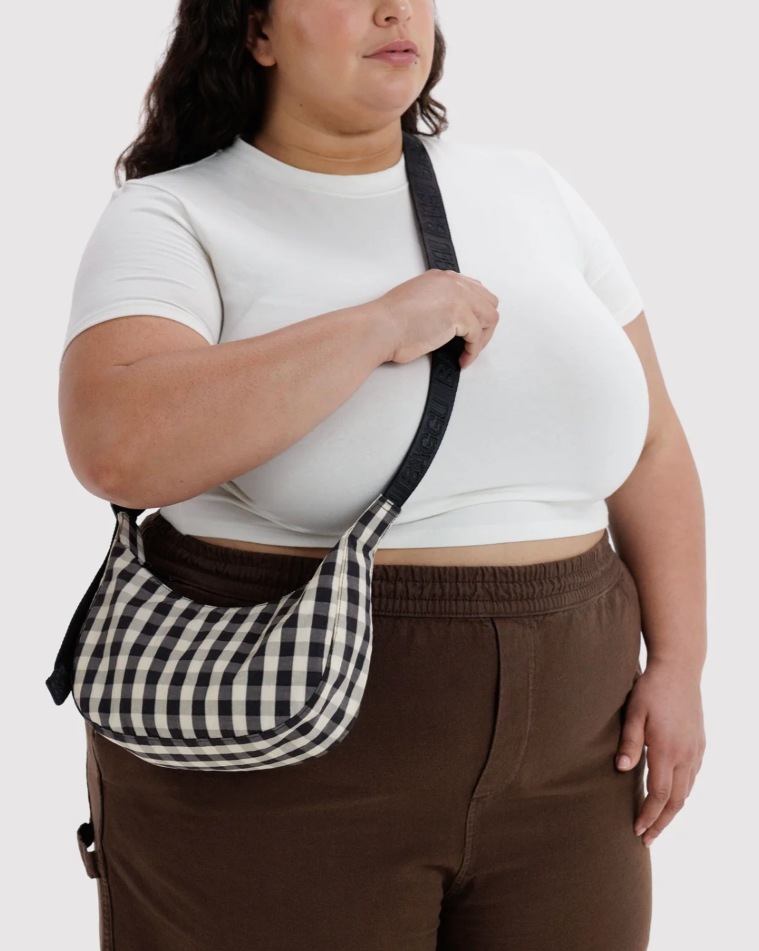 Small Nylon Crescent Bag - Black and Cream Gingham