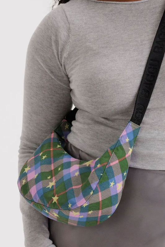 Small Nylon Crescent Bag - Green Star Plaid