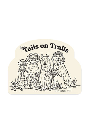 Vinyl sticker featuring illusration of 7 dogs- some wearing bandanas, backpacks, beanies and goggles. Above the dogs the sticker says Happy Tails on Trails.