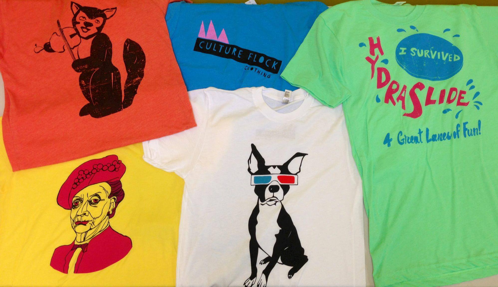 Five colorful early Culture Flock shirts with various designs.