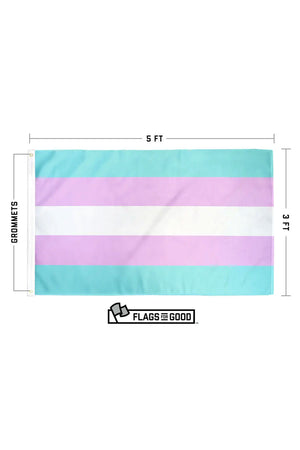 Photo of Transgender Pride flag against a white background. The measurements are depicted as 5X3 ft. The flag features blue and pink stripes with one white stripe down the middle.