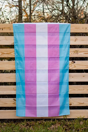 Transgender Pride flag hanging on a wooden fence. The flag is comprised of Blue, Pink ,and white Stripes.