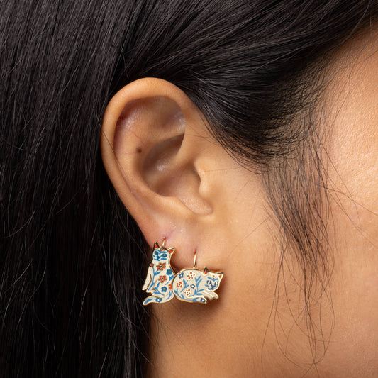 Floral Cat Gold Drop Earrings