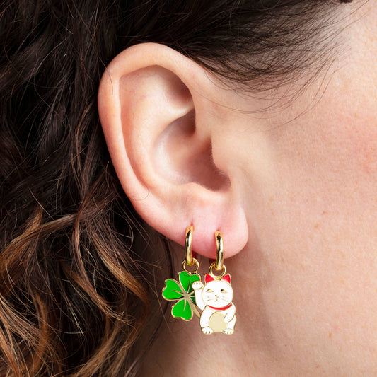 Hoop Earrings - Lucky Cat & Clover - Gold Shamrock
