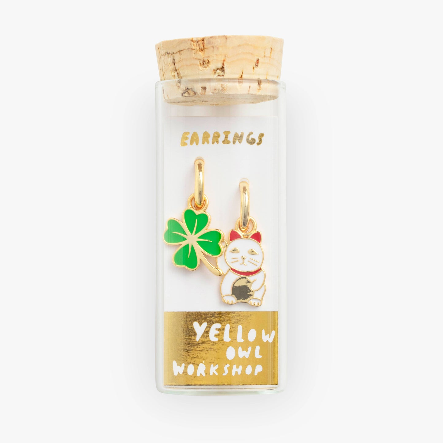 Hoop Earrings - Lucky Cat & Clover - Gold Shamrock