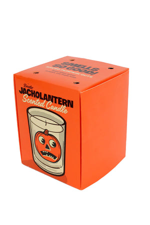 Orange box holding a scented candle. The outside of the box features an illustration of the candle that has a Jackolantern on the front. White background.