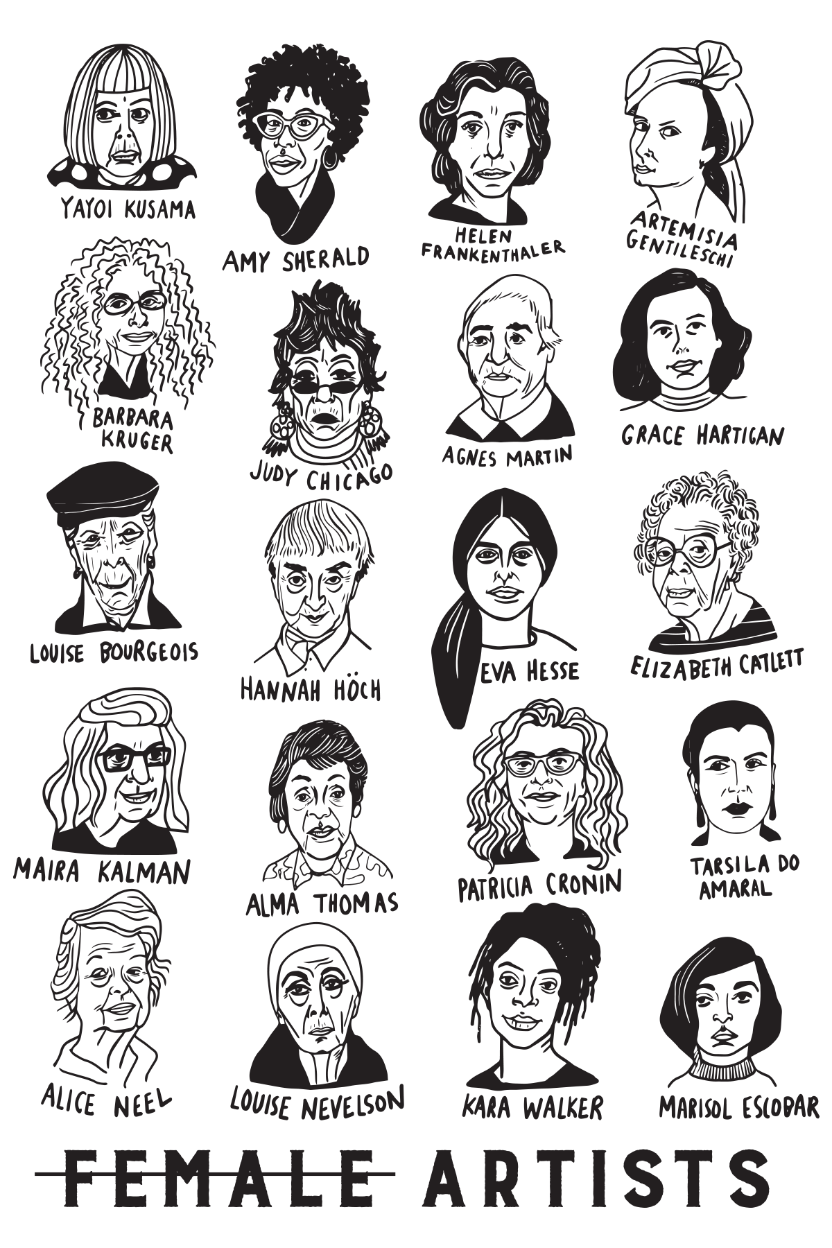 A close up view of the artists illustrated on the shirt.