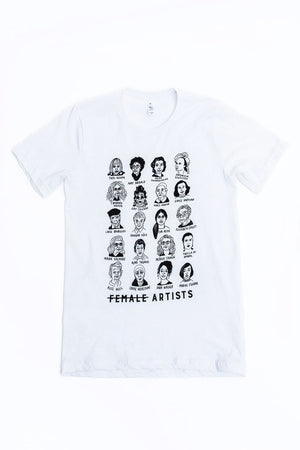 A white tee shirt with illustrations depicting historically significant female artists and their names. Bottom of the shirt reads "Female Artists" with the word "female" having a strikethrough.