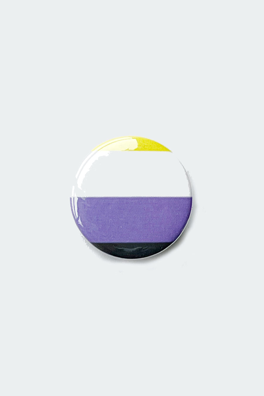 NonBinary Flag button on a white background. The flag design is four stripes, starting with yellow at the top, followed by white, purple, and black.