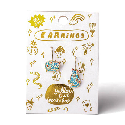 Floral Cat Gold Drop Earrings