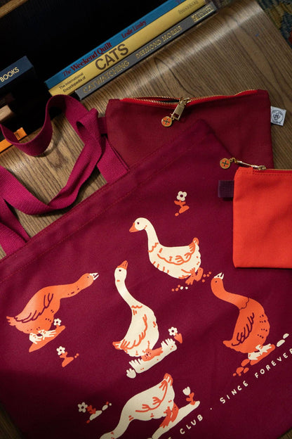 Goose Morning Flat Tote | Red & Maroon Canvas Tote Bag