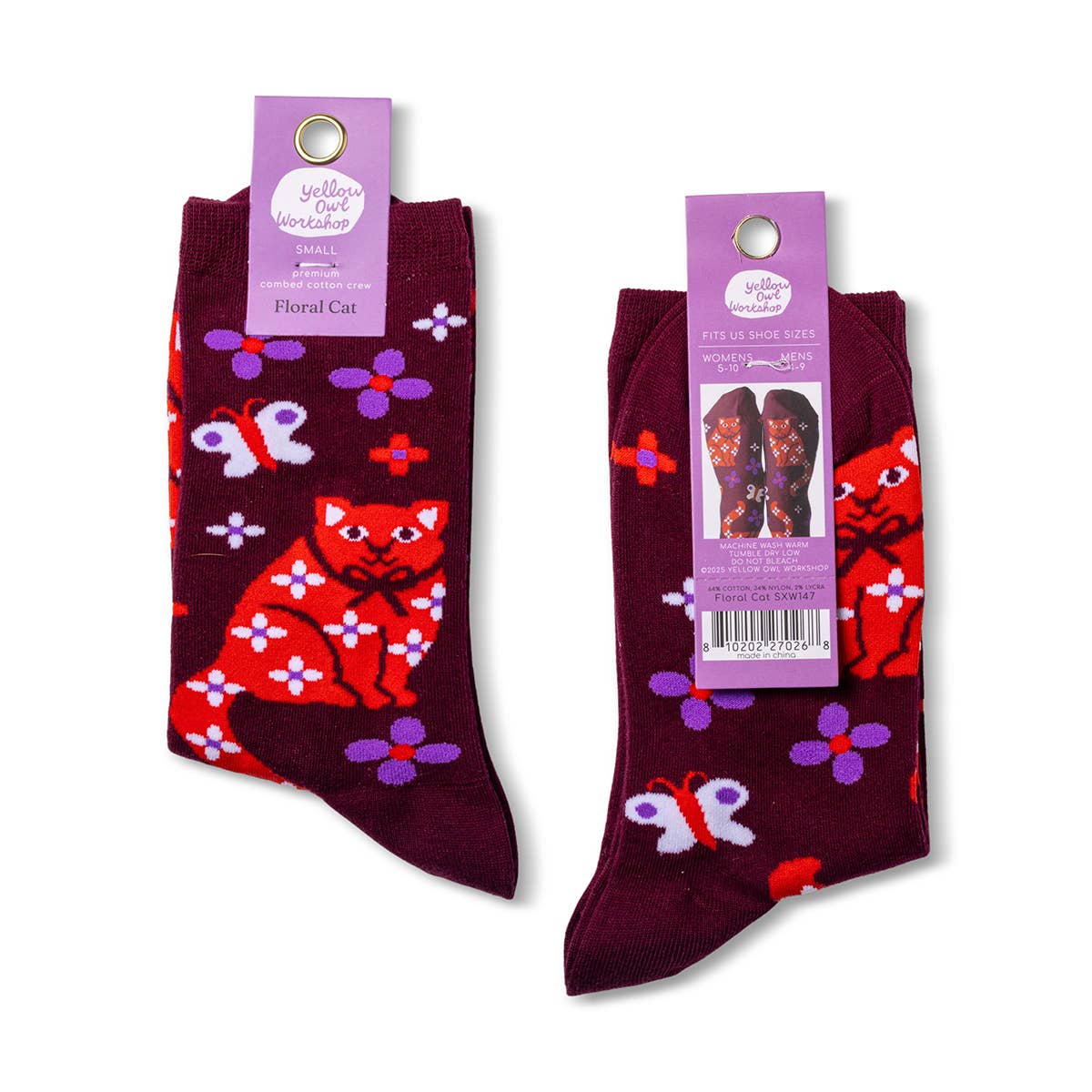 Floral Cat - Small Crew Socks