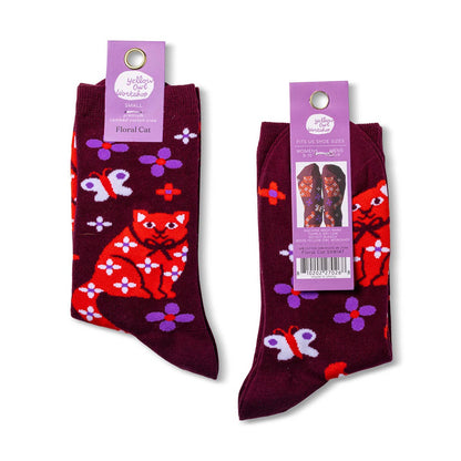 Floral Cat - Small Crew Socks
