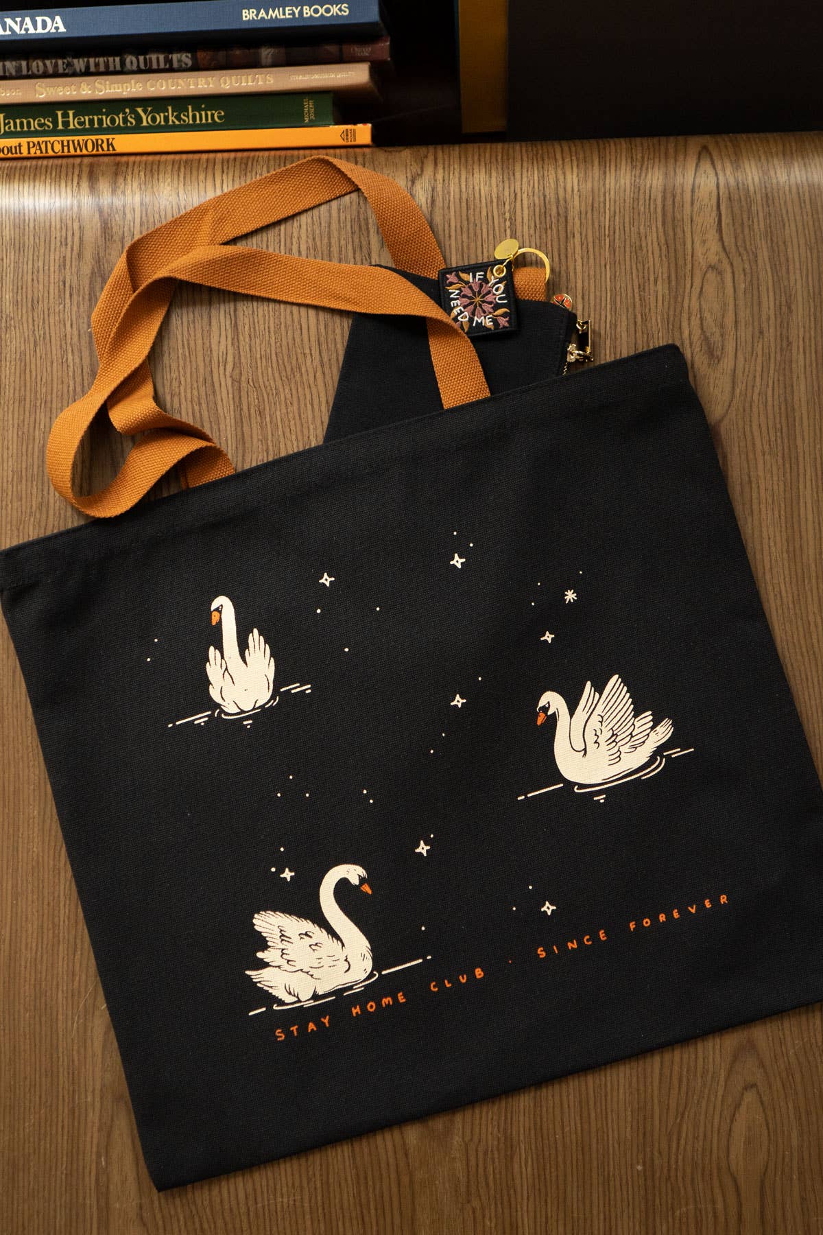 Night Swans Flat Tote | Black Canvas Tote Bag