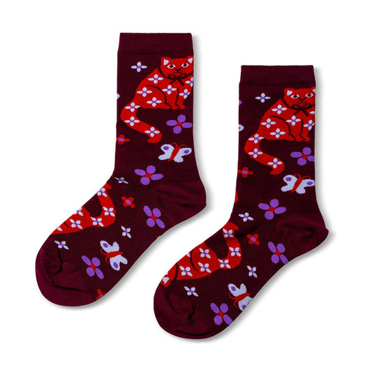 Floral Cat - Small Crew Socks