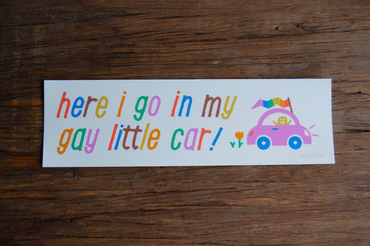 here i go in my gay little car Bumper Sticker