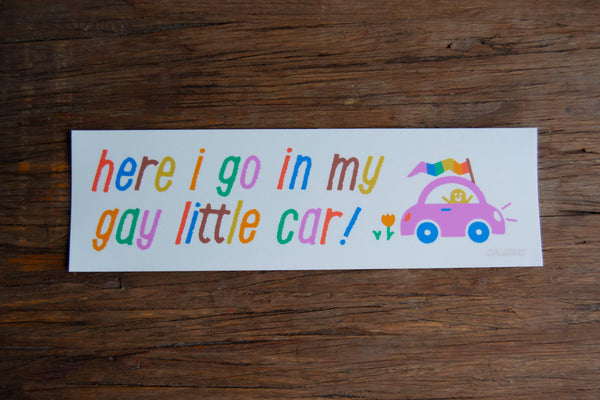 here i go in my gay little car Bumper Sticker