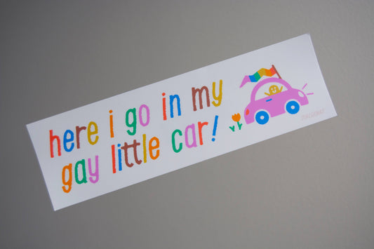 here i go in my gay little car Bumper Sticker