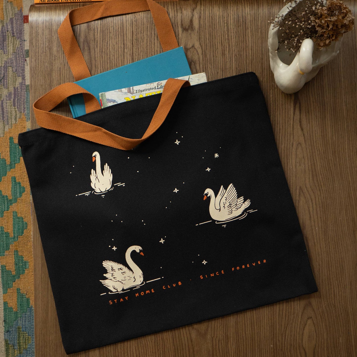 Night Swans Flat Tote | Black Canvas Tote Bag