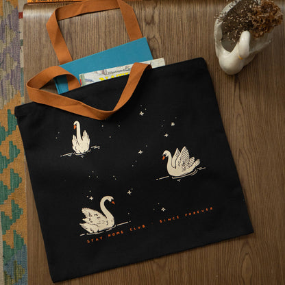 Night Swans Flat Tote | Black Canvas Tote Bag