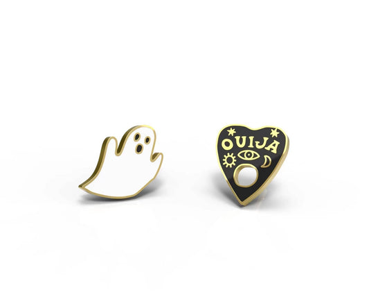 Ghost & Ouija Earrings - Gold Halloween Spooky Studs
