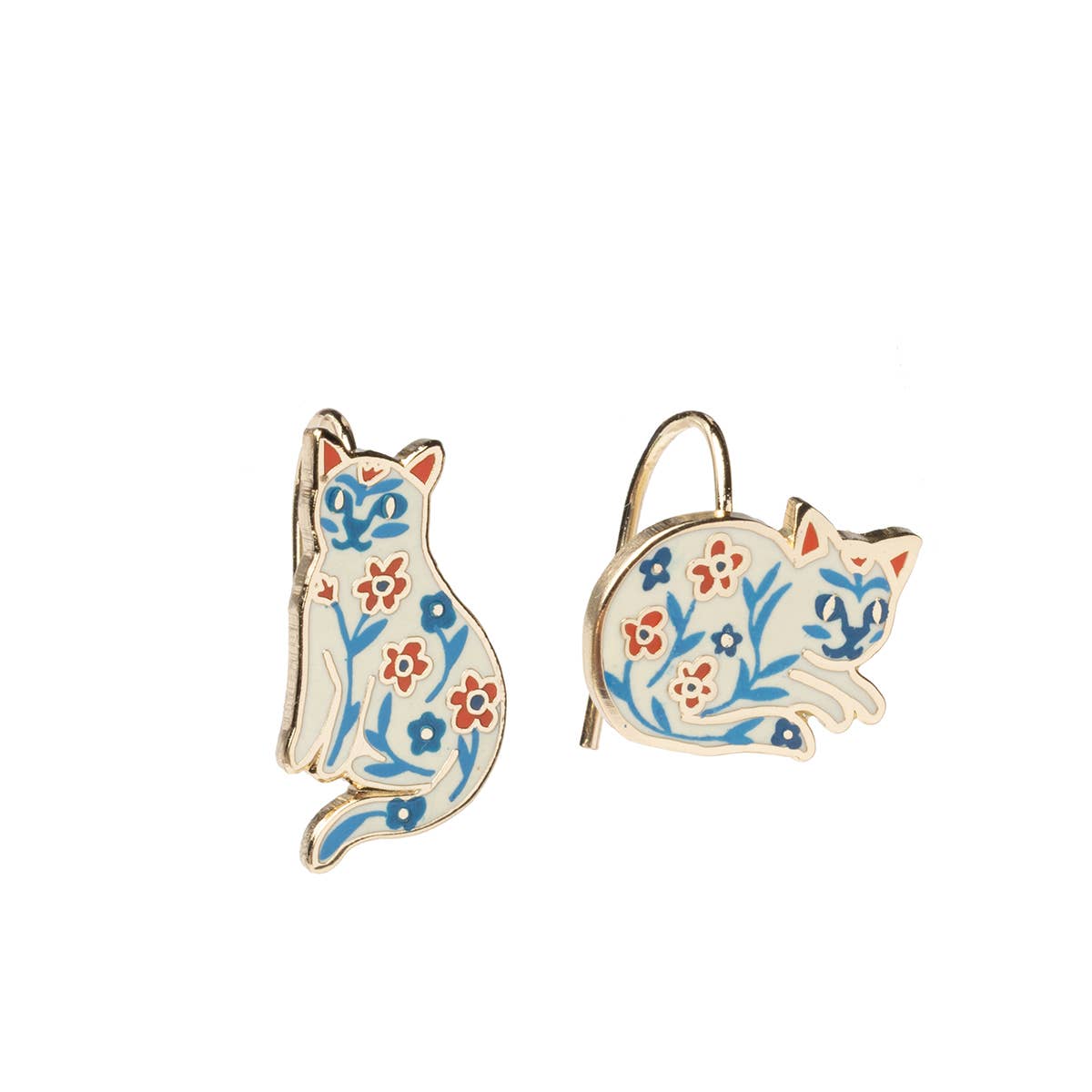 Floral Cat Gold Drop Earrings