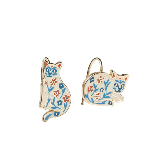 Floral Cat Gold Drop Earrings