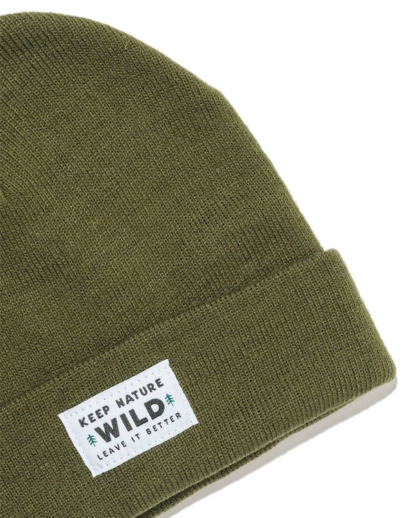 Cuffed Beanie with a white patch that says Keep Nature Wild, Leave it Better on the front. Beanie is Olive.