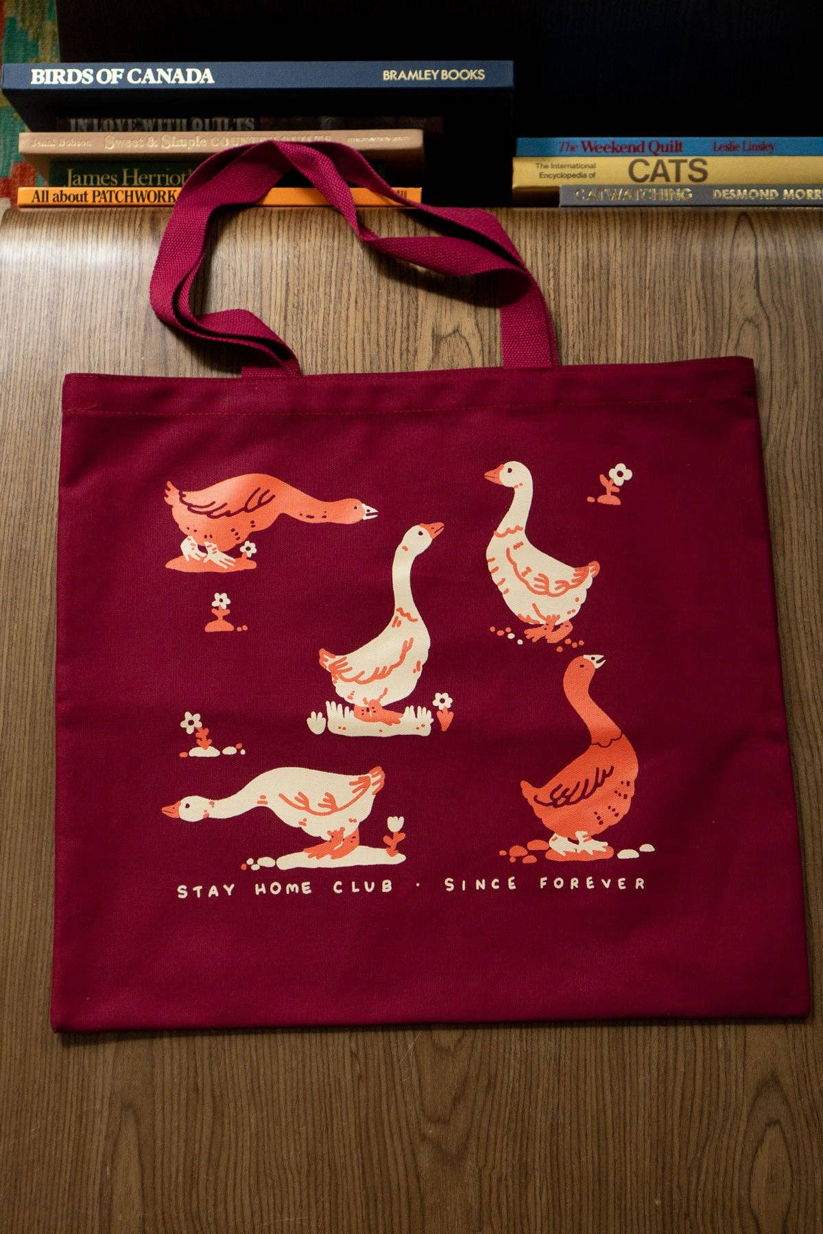 Goose Morning Flat Tote | Red & Maroon Canvas Tote Bag
