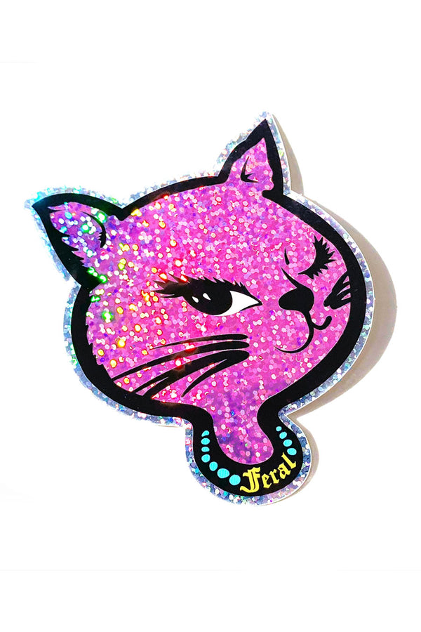 Pink glitter holographic vinyl sticker of 90's design of a winking cat wearing a necklace that says Feral.