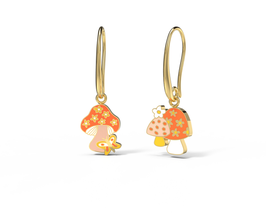 Mushroom Butterfly Earrings - Gold Psychedelic 70s Jewelry