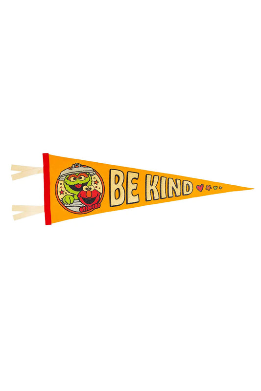 Yellow Pennant flag featuring Oscar the Grouch and Elmo from Sesame Street. The flag says Be Kind in white letters with hearts and stars in red, orange, green, and white after that. White background.
