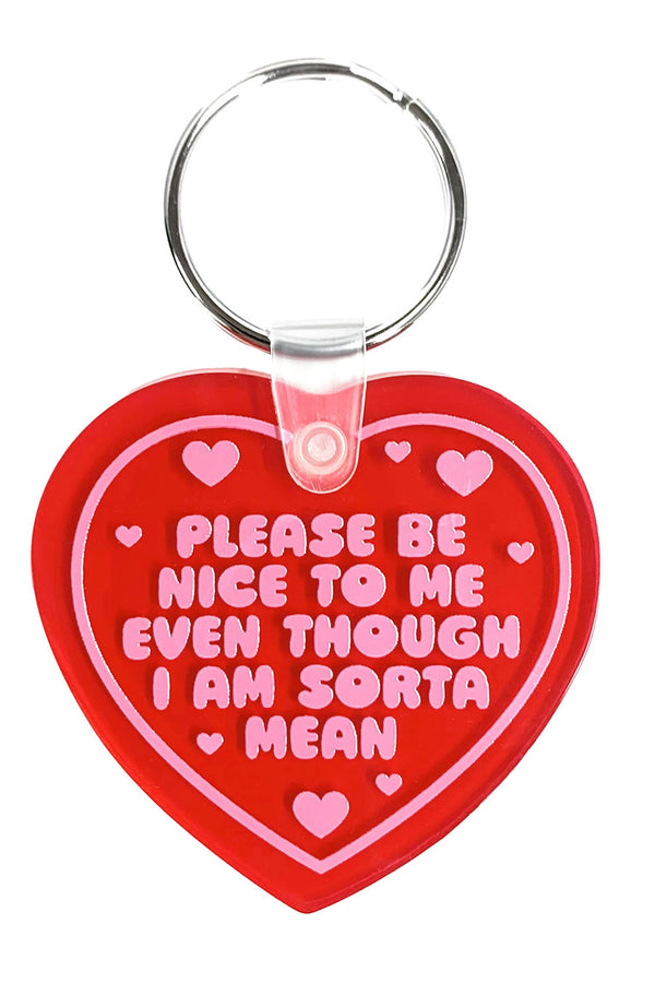 Flexible translucent red heart shaped keychain. The keychain says "Please be nice to me even though I am sorta mean" in pink text. Surrounding the text are pink hearts.