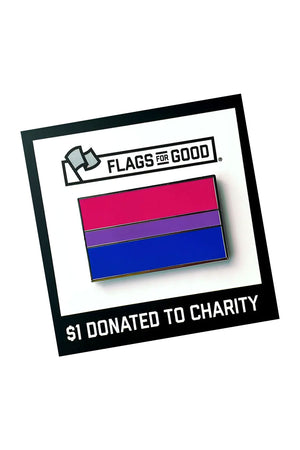 Enamel pin of the Bisexual Pride Pin on a black and white backing board. The pin features horizontal lines of Pink, Purple and Blue. White background.