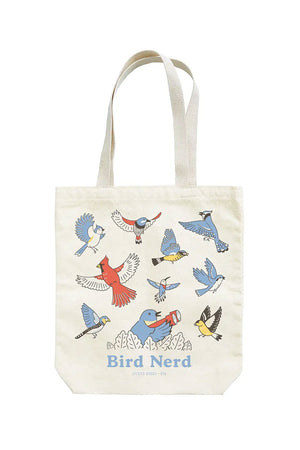 Tote bag of various backyard birds. One bird at the bottom of the tote has binoculars and beneath that the tote says Bird Nerd.