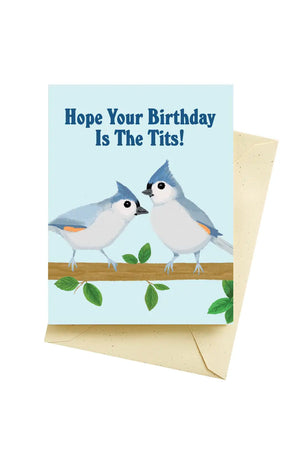 Greeting card of two titmice on a branch. Card says Hope your Birthday is the tits.