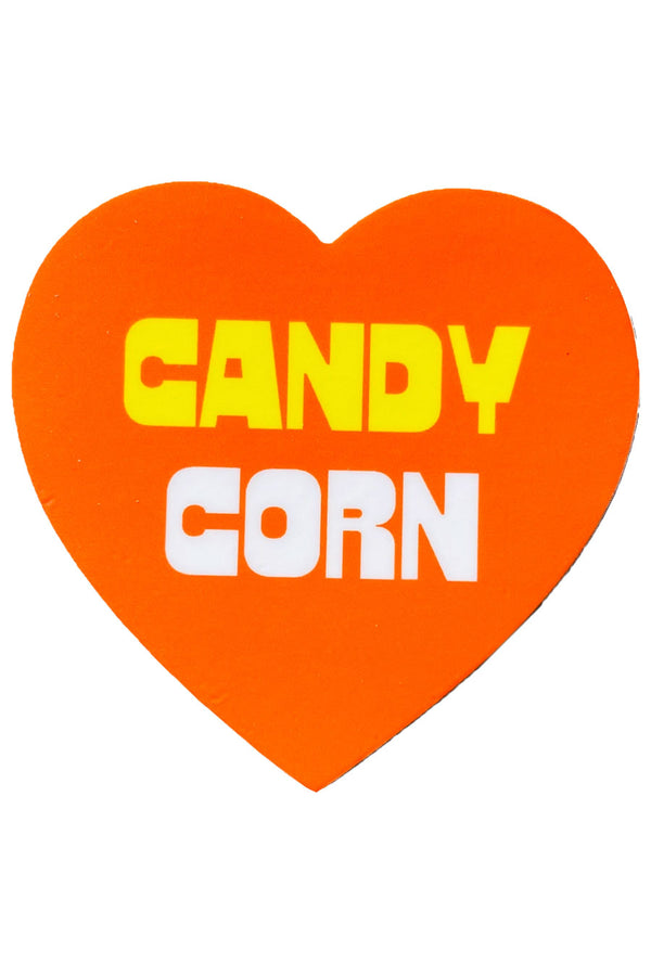 Orange heart shaped vinyl sticker that says Candy Corn in yellow and white text. White background.