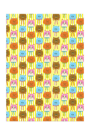 Sheet of wrapping paper featuring illustrated Cat heads with ribbons tied around their collar against a white and yellow stripe background.