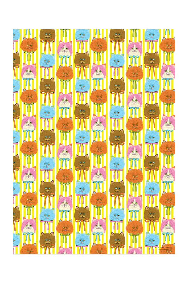 Sheet of wrapping paper featuring illustrated Cat heads with ribbons tied around their collar against a white and yellow stripe background.