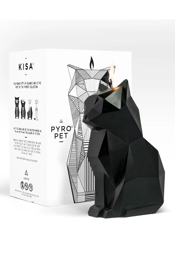 Black geometric cat shaped candle in front of the box that it comes in. The white box says Pyro Pet and features an illustration of the skeletal frame that is revealed as the candle melts. White background.
