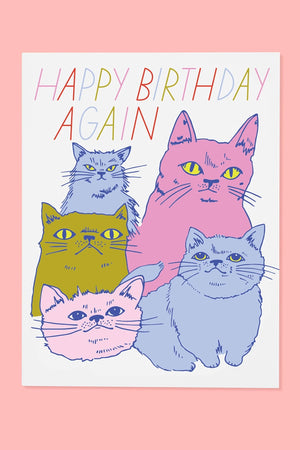 Greeting card of five illustrated cats. The card says Happy Birthday Again.