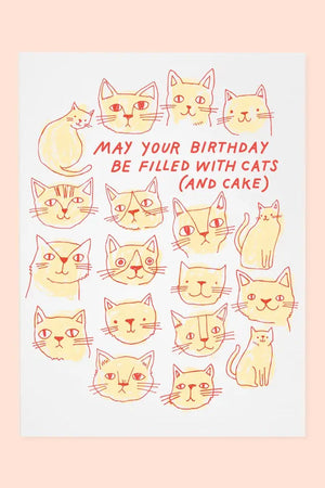 Greeting card that says May Your Birthday Be Filled With Cats (and Cake). Surrounding the text is a bunch of cat faces.